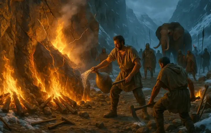 Hannibal’ın Alpler geçişinde dev bir kaya kütlesini aşmak için askerlerin ateş yakıp ardından soğuk su dökerek kayayı çatlatma yöntemiyle yolu açmaya çalışması; arka planda askerler ve fillerin göründüğü kışlık dağ geçidi sahnesi.